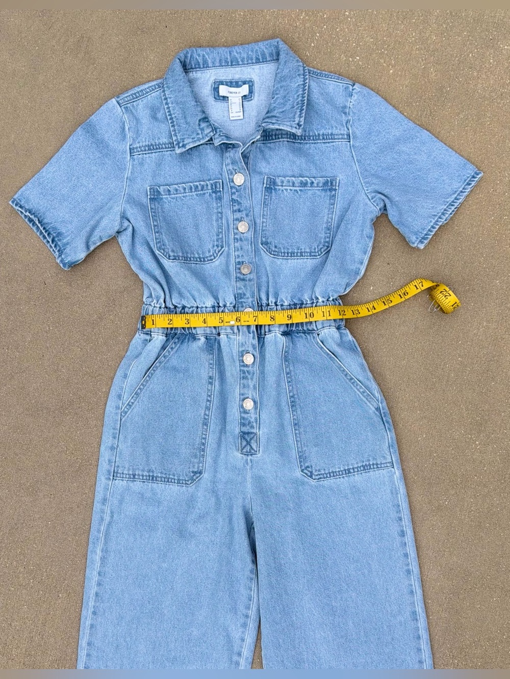 Forever 21 Light Blue Wide-Leg Button Front Short Sleeve Denim Jumpsuit Y2K XS - Picture 7 of 14